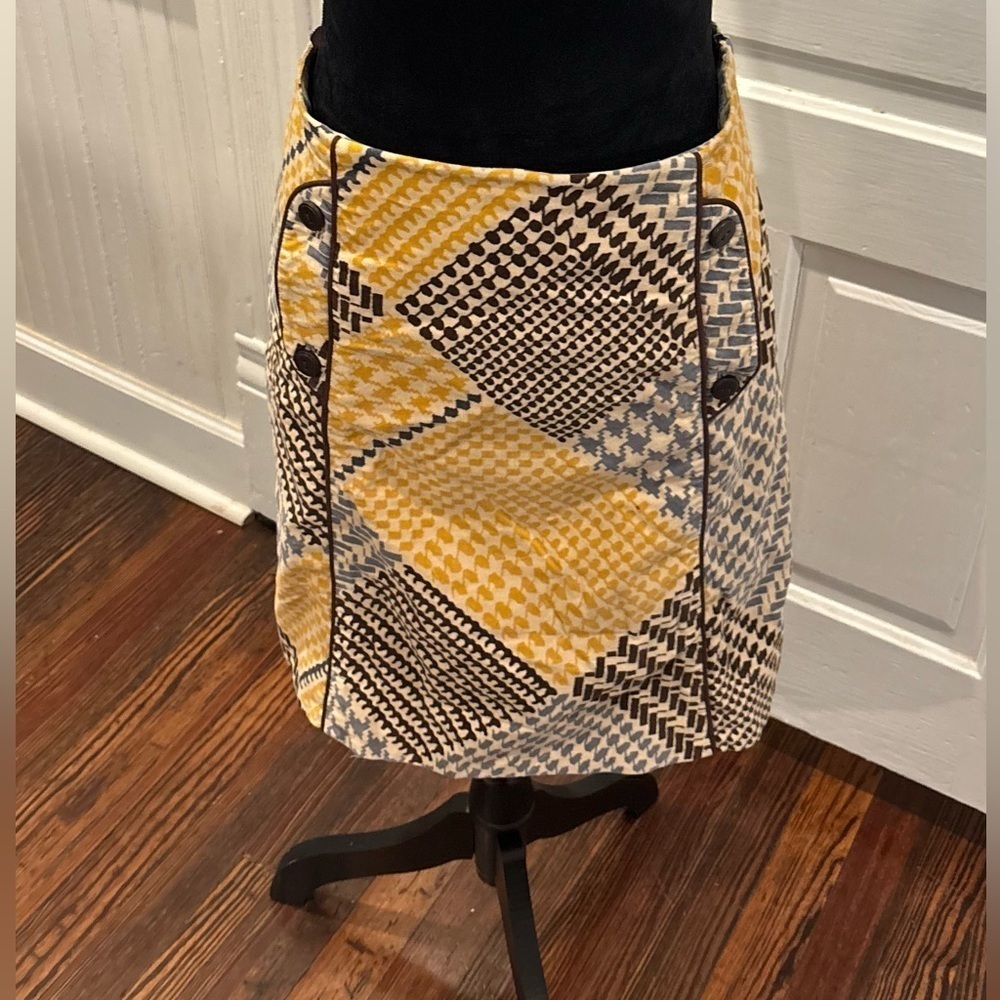 Maeve Anthropologie Yellow Houndstooth Front Pocket Skirt Sz 8 Preppy Rn#66170